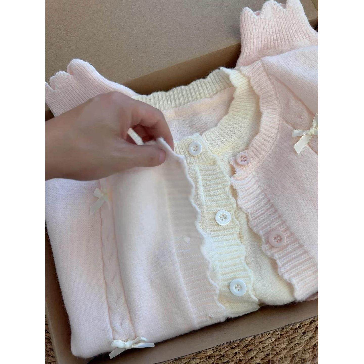 韩系假两件粉色上衣女秋冬巨好看慵懒风蝴蝶结针织衫开衫毛衣外套