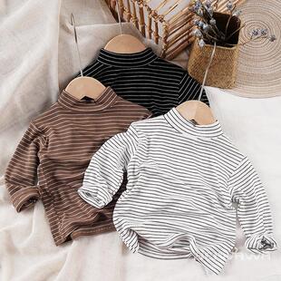 软弹面料 秋儿童宝宝坑条莫代尔棉T恤 男女童条纹半高领打底衫