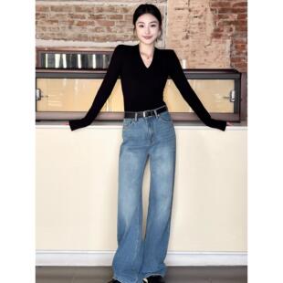 V领修身打底衫女秋冬内搭针织衫长袖t恤2025正肩v领黑色上衣女装