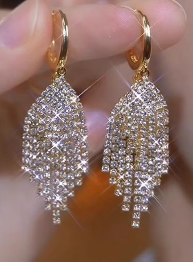 轻奢满钻长款流苏耳环气质高级感聚会礼服造型耳钉夸张独特耳饰女