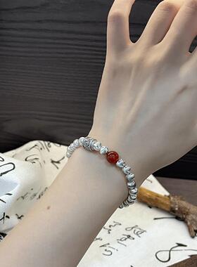 ESEELMI 纯银猫眼红玛瑙手链女款手工手饰简约百搭生日礼物