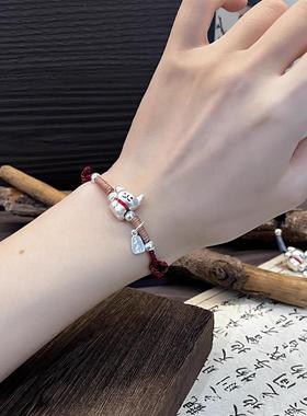 ESEELMI 足银999线条小狗情侣款手链本命年红色手绳女情人节礼物