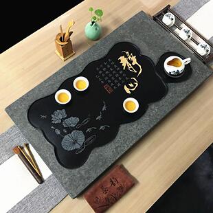 天然乌金石茶盘整块原石头家用轻奢办公室会客小型茶台排水嵌入式