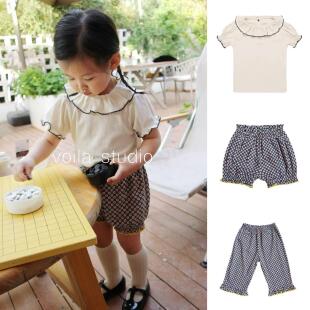 宝宝纯棉花边短袖T恤匹马棉女童喇叭裤九分裤花苞短裤夏季薄款类