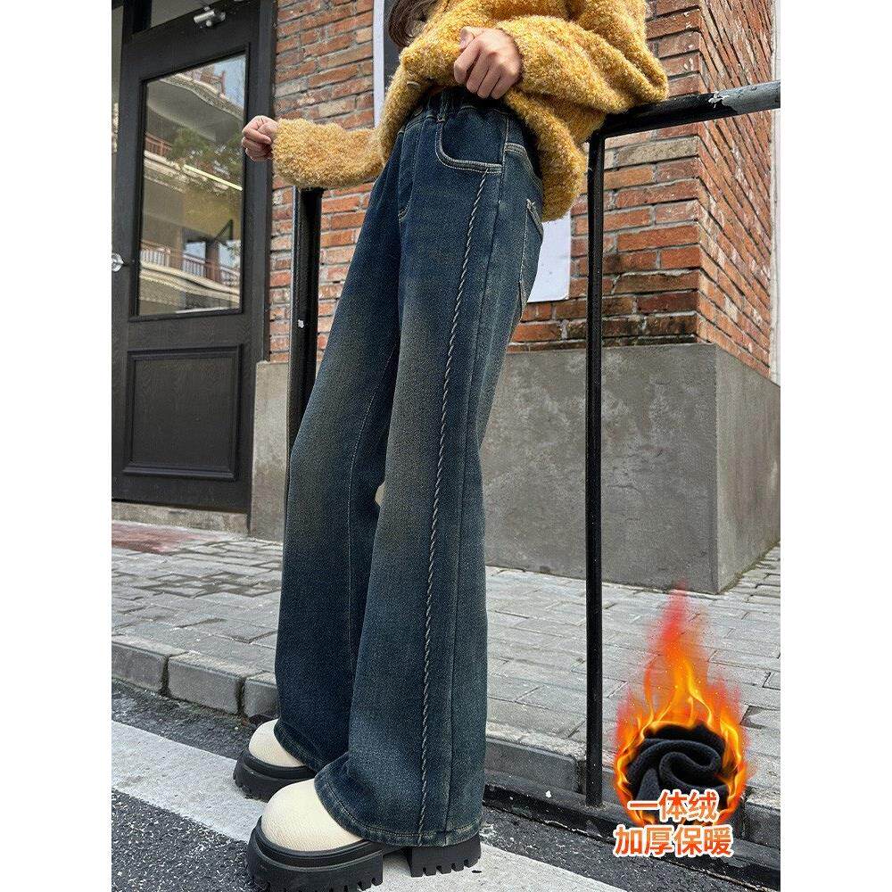 女童加绒裤子2025新款一体绒超好看冬季洋气修身中大童牛仔喇叭裤