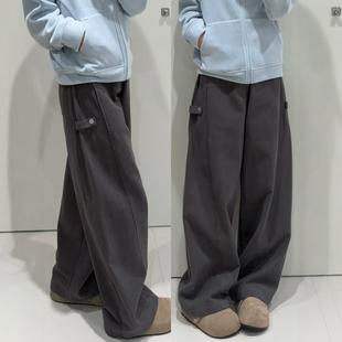 深灰色加绒弯刀工装裤女秋冬新款大码胖mm宽松显瘦美式休闲阔腿裤