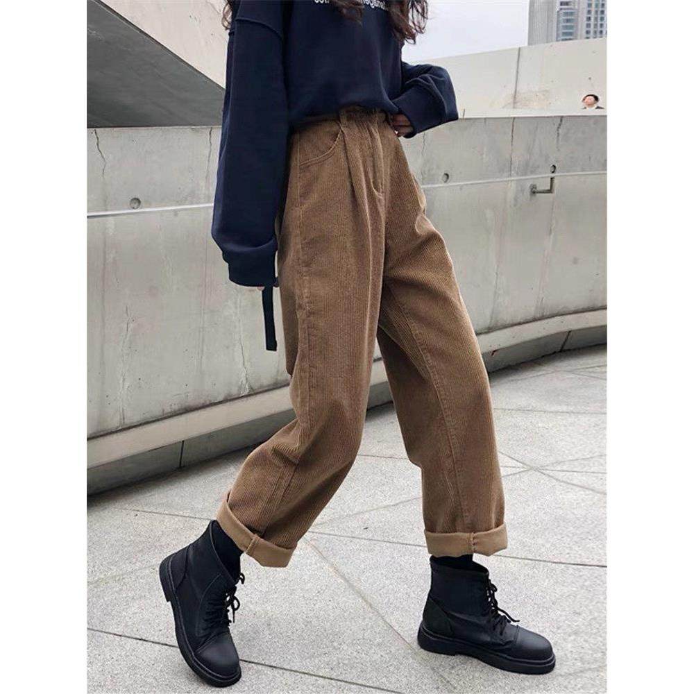 灯芯绒裤子女秋冬高腰显瘦胖mm大码休闲裤子宽松加绒雪尼尔阔腿裤