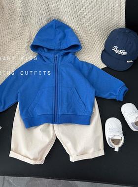 婴幼儿童秋装衣服秋季男女宝宝韩版宝蓝色连帽卫衣外出帽衫外套潮