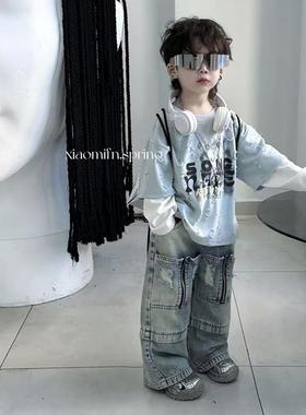 男童春秋套装2025新款儿童假两件韩版宽松洋派卫衣宝宝休闲 两件