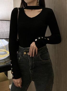 黑色挂脖毛衣女设计感小众半高领秋冬新款内搭镂空打底衫针织上衣