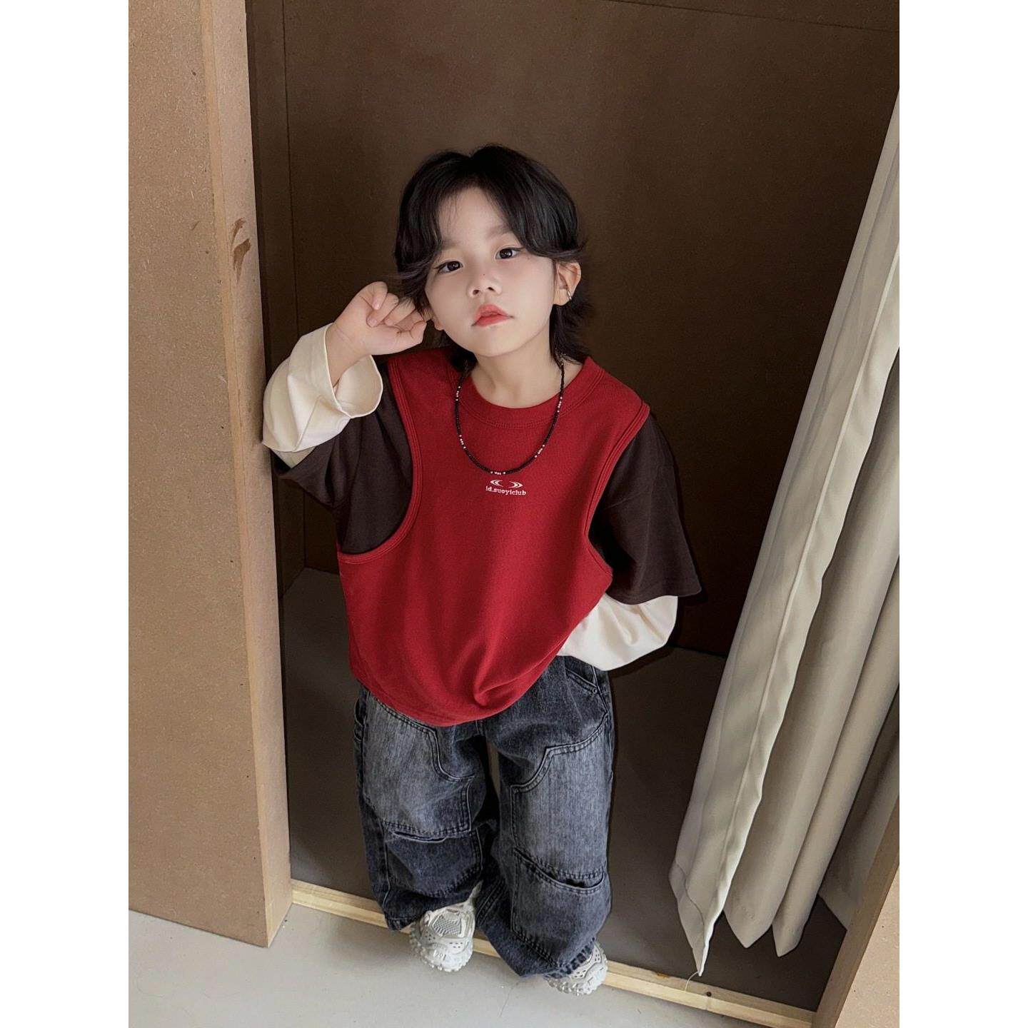 男童拼接卫衣春秋款儿童洋气拼色打底衫男孩红色上衣女童休闲童装