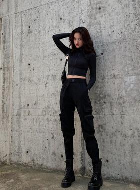 2025新款夏季骑行裤黑色覆古美式功能工装裤女式摩托车裤休闲裤打