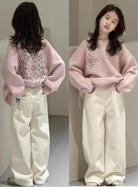 女孩万能牛仔裤2025春夏新款白色休闲阔腿裤中号和大号儿童春秋季