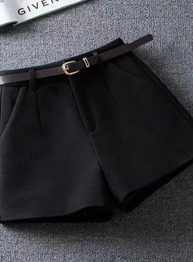 黑色毛呢短裤女秋冬打底高腰显瘦A字阔腿裤百搭外穿显瘦靴裤