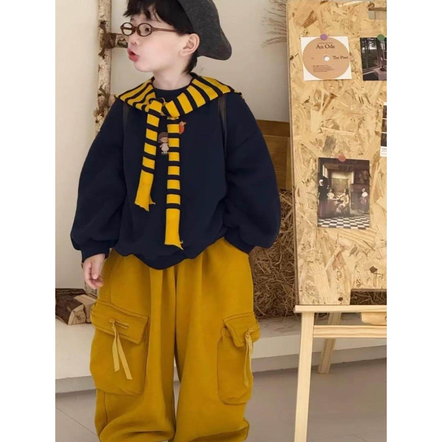 男童秋冬套装2025新款儿童韩版加绒加厚卫衣披肩百搭裤子两件套潮