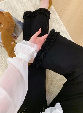 黑色木耳边休闲裤女秋冬加绒胖mm小个子阔腿裤高腰宽松显瘦梧桐裤