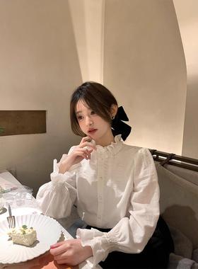 木耳花边领白色衬衫女新款早秋法式复古上衣叠穿内搭打底衬衣春冬