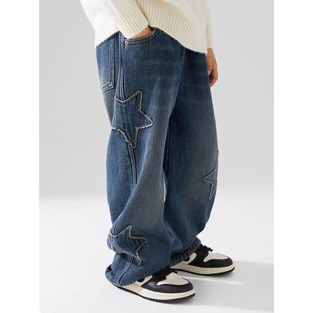 男童裤子春夏单裤牛仔裤儿童痞帅春装时髦直筒裤大童贴布星阔腿裤