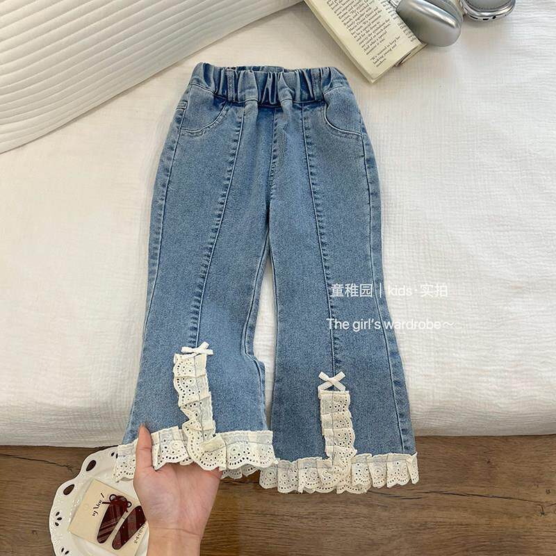 春秋季新款女童牛仔裤春款蕾丝花边微喇弹力裤洋派百搭牛仔裤韩版