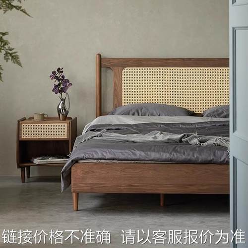 四季藤编床诧寂风民宿酒店双人床复古胡桃色小户型床新中式实木床