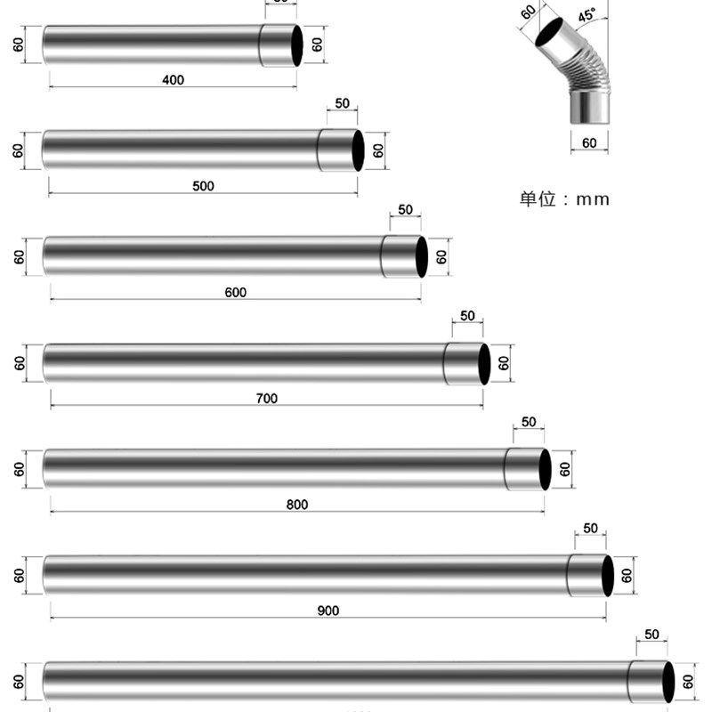 直径60mm不锈钢排烟管6公分燃气热水器排气管6cm通风管整箱采购