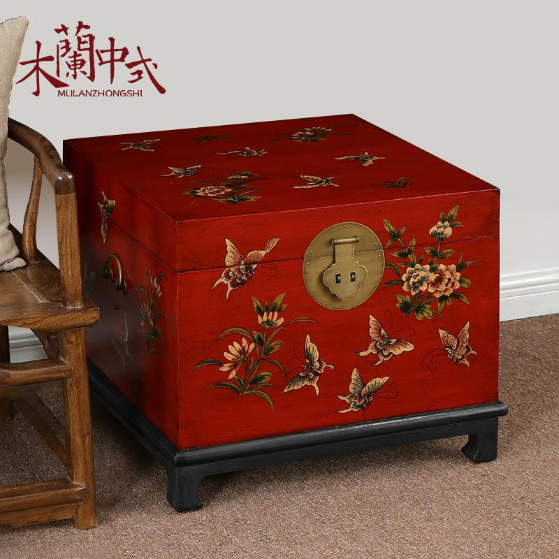香樟木新中式彩绘箱子仿古实木客厅沙发边几嫁妆方箱官箱复古手绘
