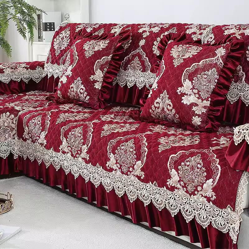 喜庆红色雪尼尔沙发垫四季通用布艺套定做全包结婚套罩巾欧式防滑