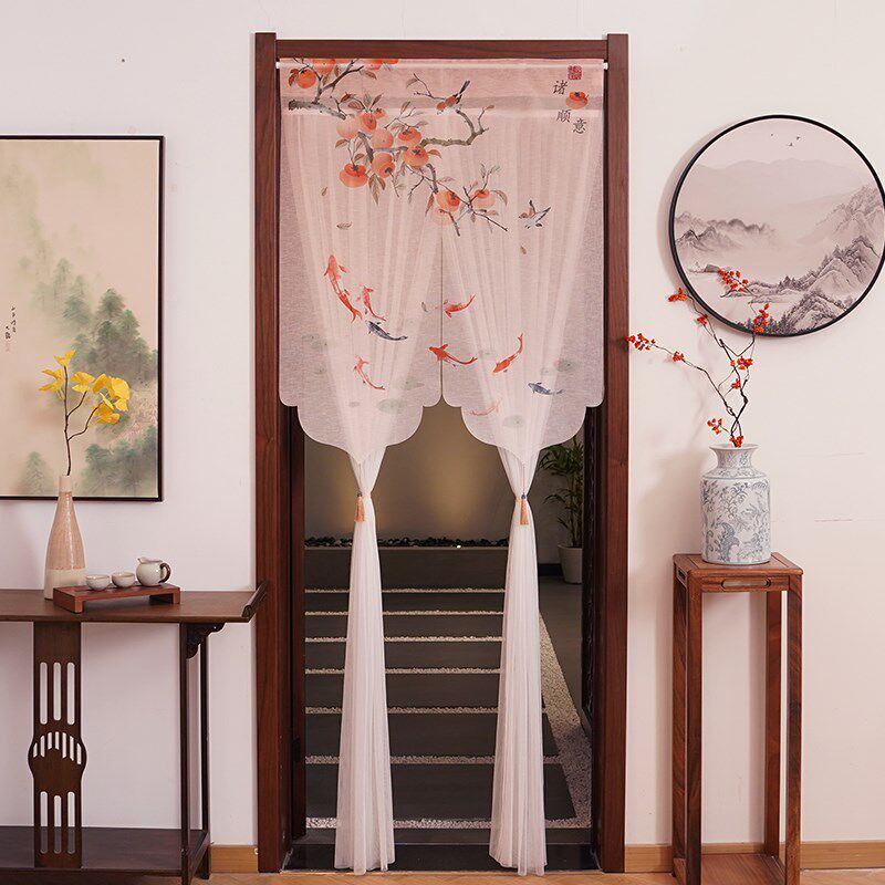 新中式门帘免打孔半帘卧室客厅帘子玄关厨房隔断帘卫生间遮挡挂帘