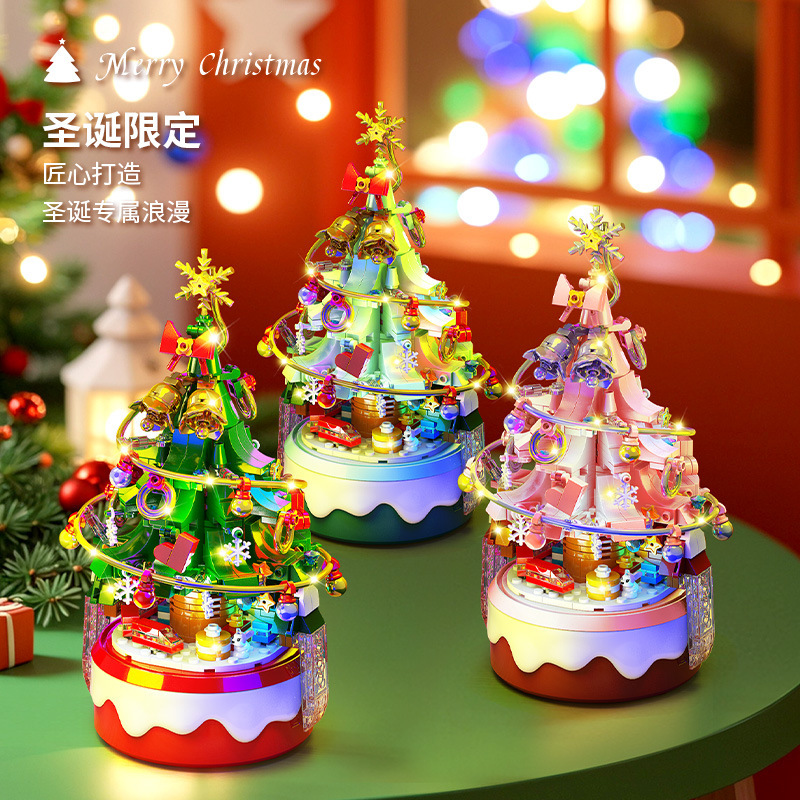新款 乐乐兄弟8756树音乐盒拼装积木玩具摆件圣诞节日礼品