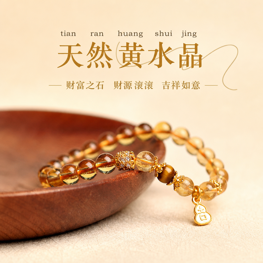 普陀山天然黄水晶琥珀原矿黄塔晶水晶手串女旺财虎眼石转运珠手链
