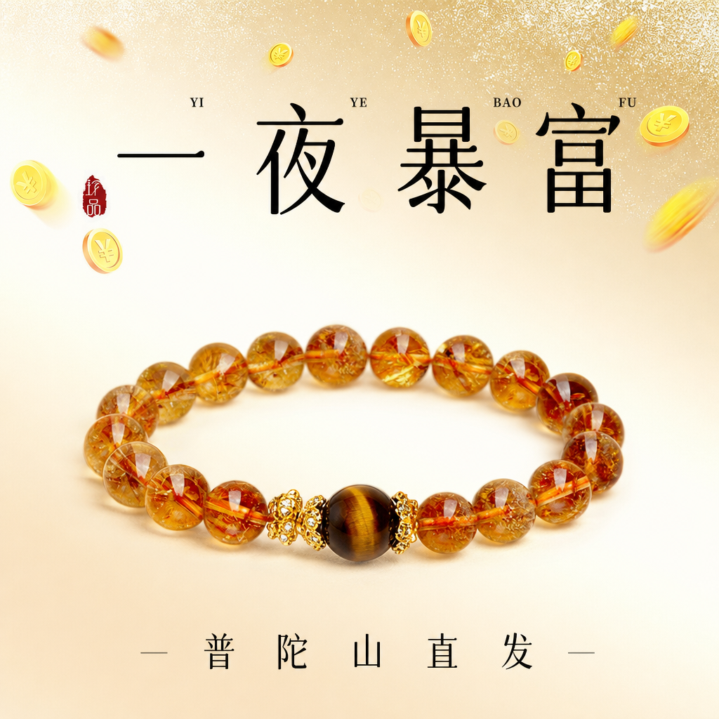 普陀山文创集天然虎眼黄塔晶手串黄水晶手链招财转运珠520送女友