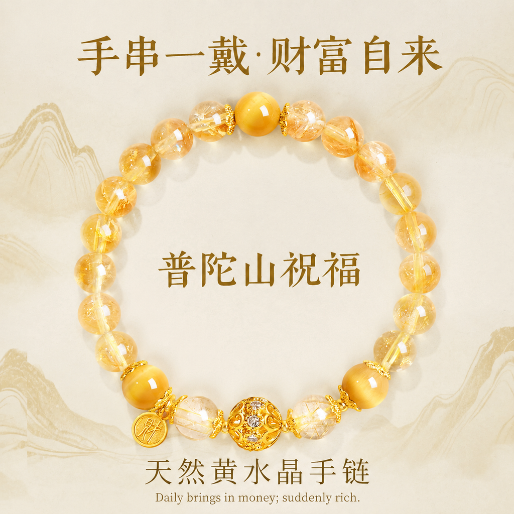 普陀山天然黄水晶手串招财女款转运珠虎眼石手链旺财运聚财黄塔晶
