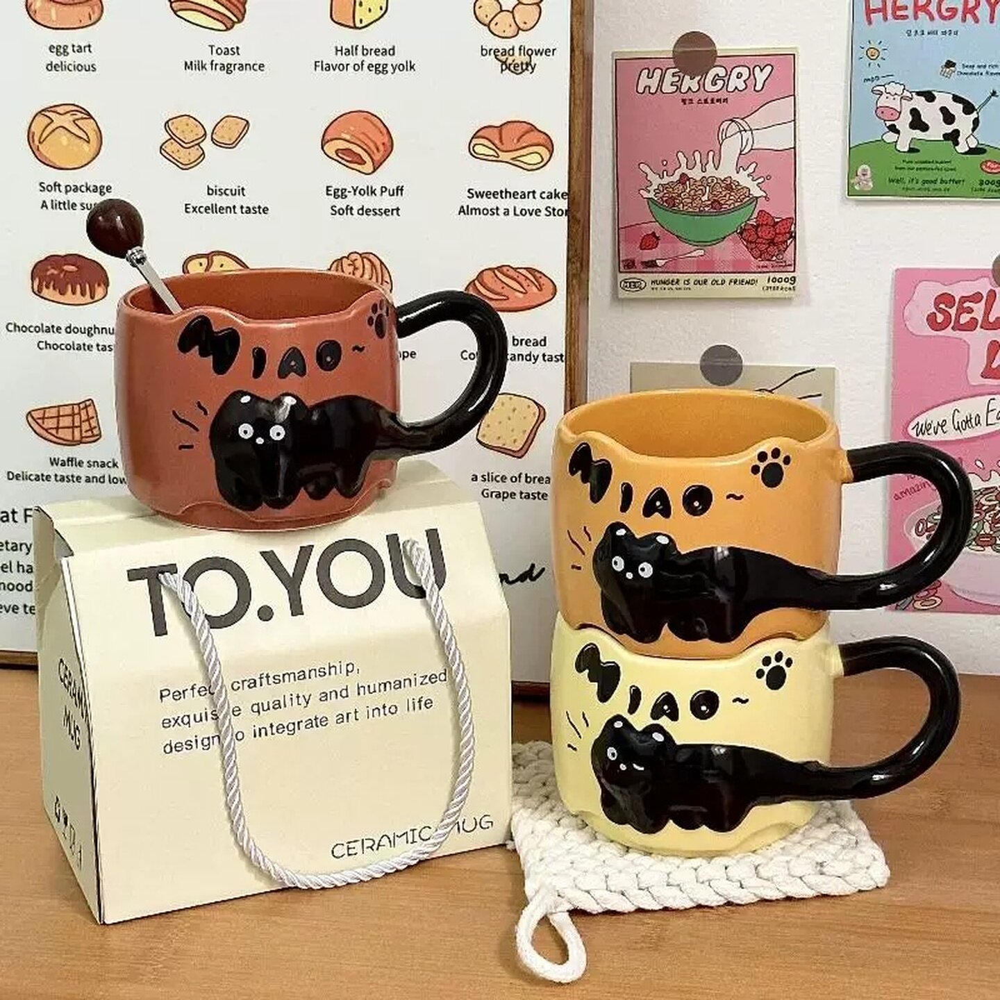 浮雕小猫马克杯生日高颜值礼物喝水杯可爱情侣陶瓷杯办公室咖啡杯