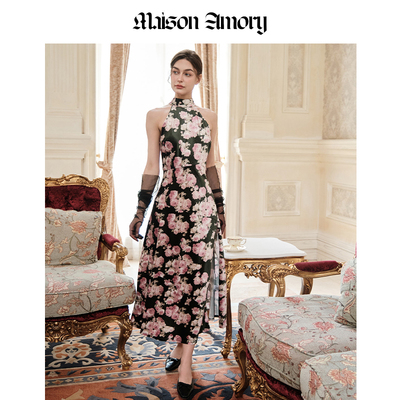 绿底粉色玫瑰印花 及踝连衣裙Maison Amory