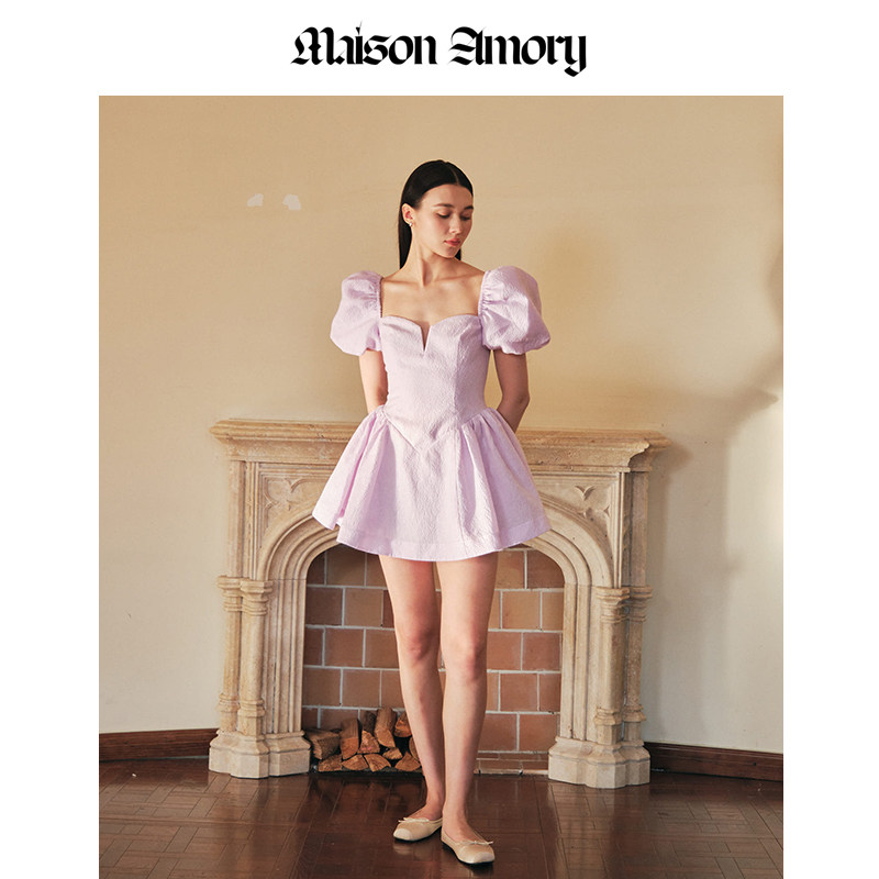 Maison紫色玫瑰提花迷你连衣裙