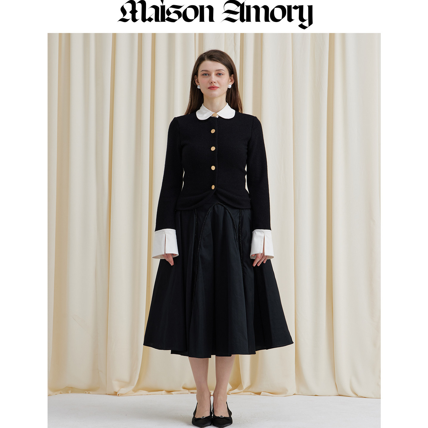 度假系列|黑色针织长袖上衣 假两件拼接 Maison Amory