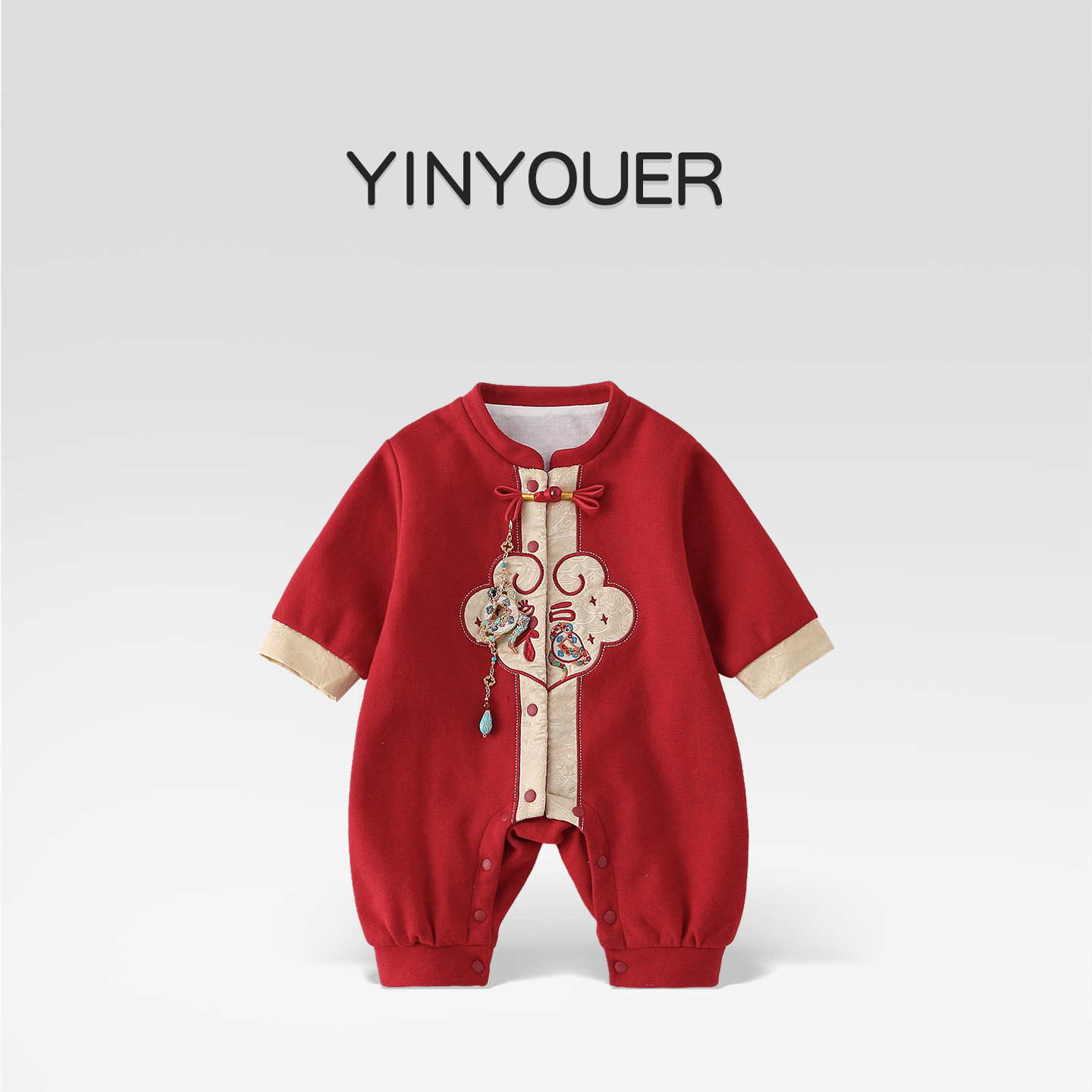 中式婴儿衣服秋装男宝宝喜庆红色连体衣春秋百天周岁礼服抓阄唐装