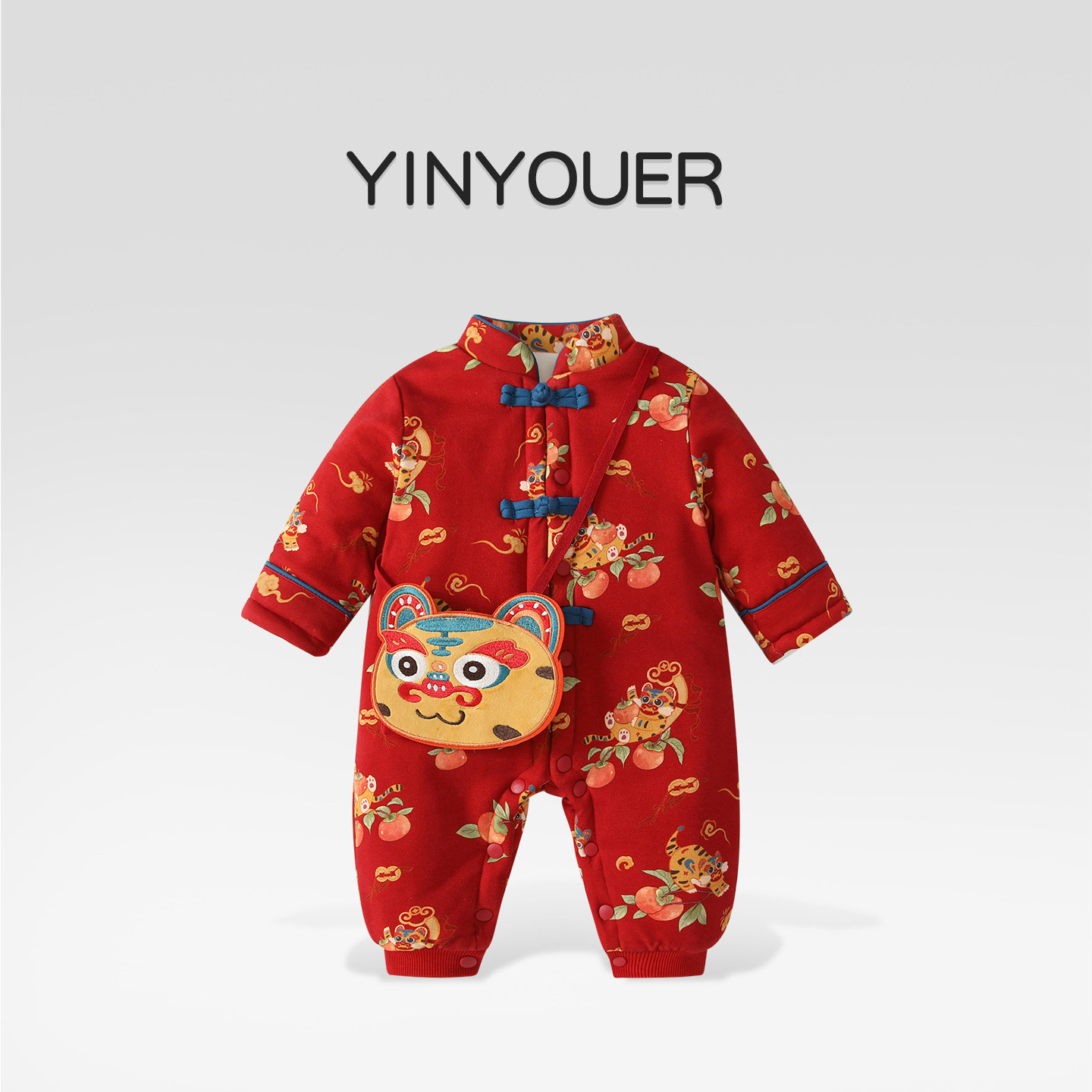 百天婴儿过年衣服冬装宝宝夹棉连体衣冬季保暖棉服喜庆中式拜年服