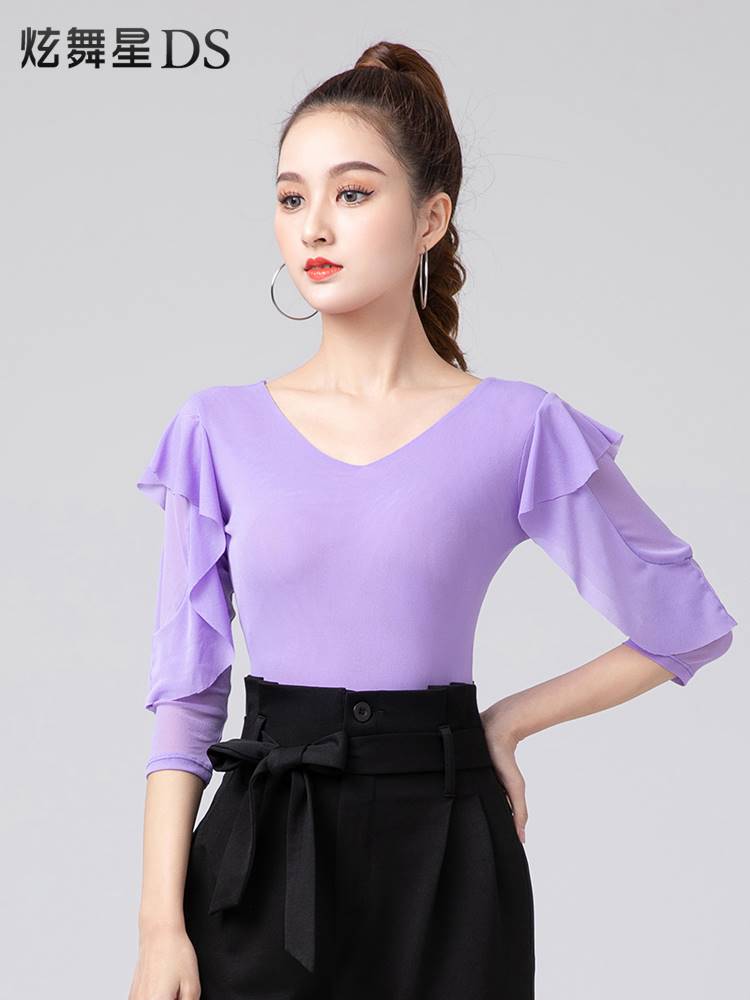 国标摩登舞上衣女V领交谊舞新款舞服 拉丁舞练功服连体吉特巴舞服