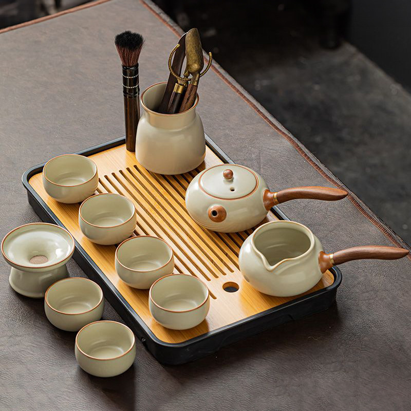 汝窑茶具套装防烫侧把茶壶茶杯轻奢高档功夫陶瓷家用办公室泡茶盘