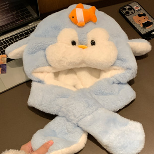 可爱蓝色企鹅毛绒帽子围巾一体女款秋冬季保暖防寒百搭护耳套头帽