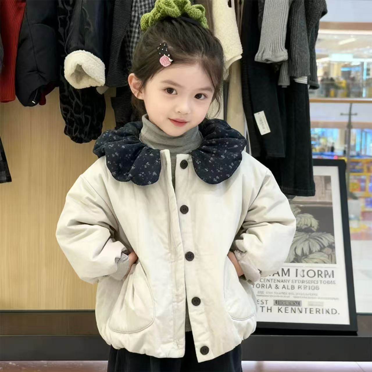 女童棉服秋冬2025新款儿童韩版棉袄上衣女宝宝娃娃领夹棉加厚外套