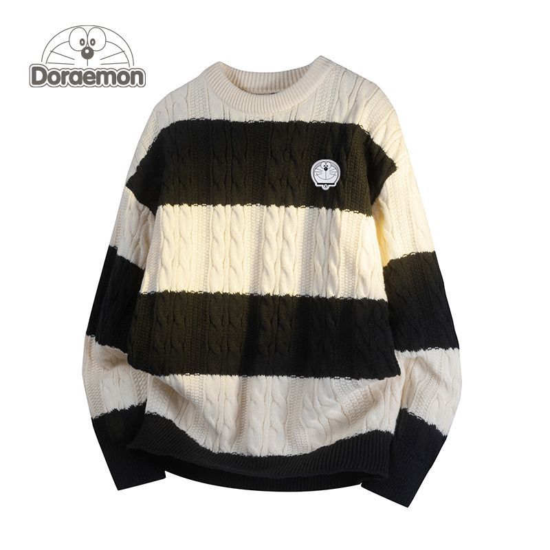 哆啦A梦拼色麻花圆领毛衣男女冬季新款宽松