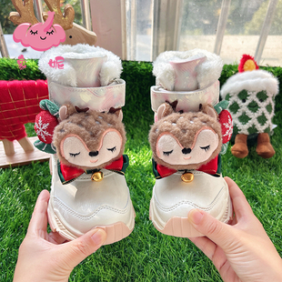 白色圣诞雪地靴2025新款冬季女童高帮防水雪地棉儿童大棉鞋防滑女
