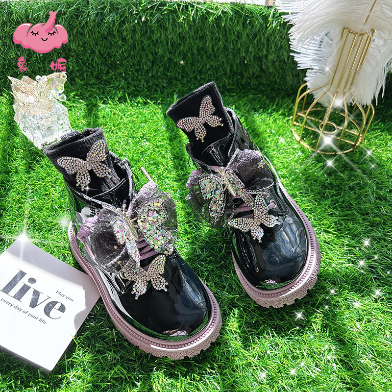 女童冬季蝴蝶公主靴走秀短靴儿童秋冬款加绒二棉皮靴马丁靴子女款