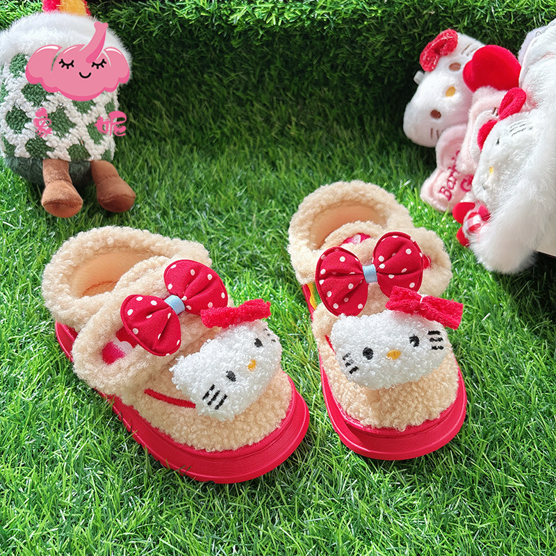儿童猫咪棉拖鞋居家保暖冬季外穿女宝宝喜庆东北大花棉鞋加绒加厚