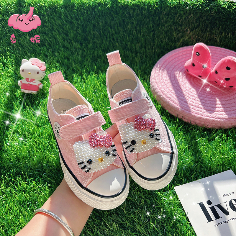 珍珠猫咪儿童高帮帆布鞋宝宝鞋子春秋季女宝幼儿园学步鞋女童布鞋