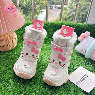 女童小公主高帮雪地靴皮面女孩冬季防寒东北加绒加厚儿童鞋子棉鞋