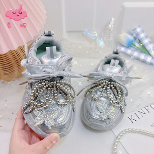 银色女童轻便运动鞋2025秋冬季中大童时尚厚底学生老爹鞋百搭炸街