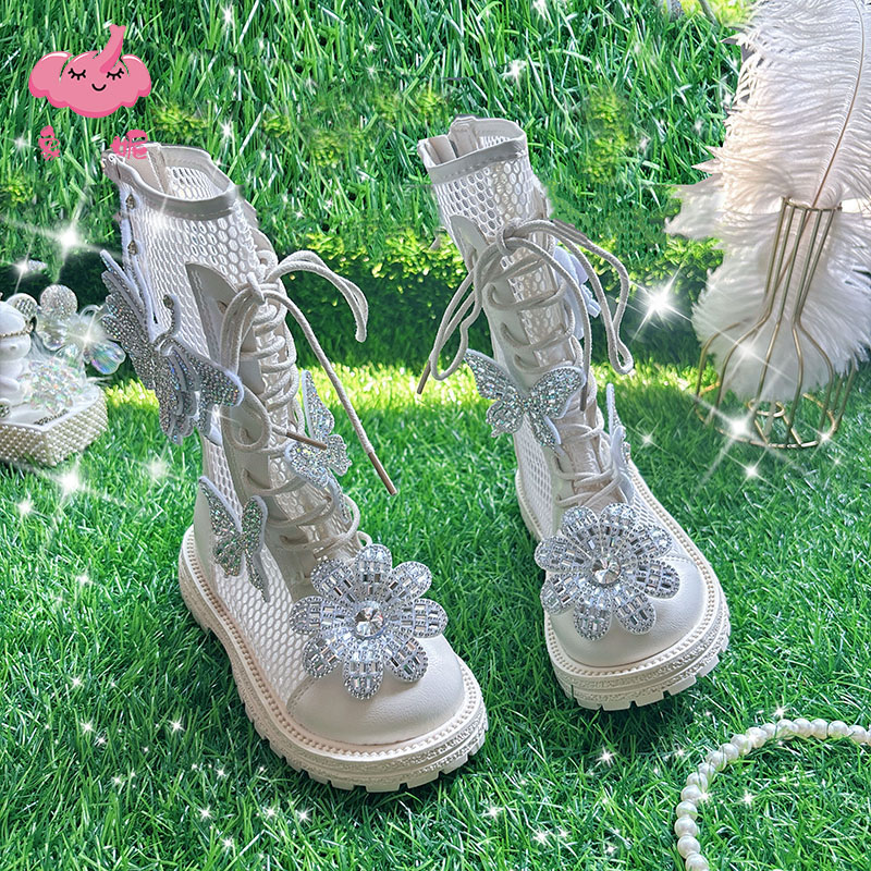米色水钻花蝴蝶镂空女童时尚长靴